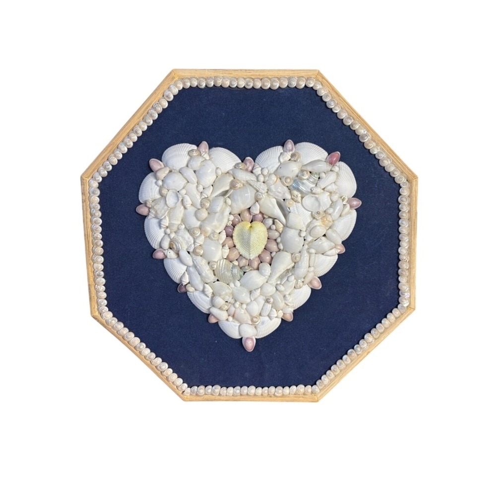 Vintage Handcrafted 3D Seashell Heart Wall Art Decor w/Navy Backing MCM 12" GIFT